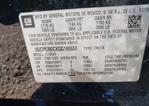 2016 Chevrolet Silverado 1500 1Lt from USA, damaged, VIN 3GCPCRECXGG186553